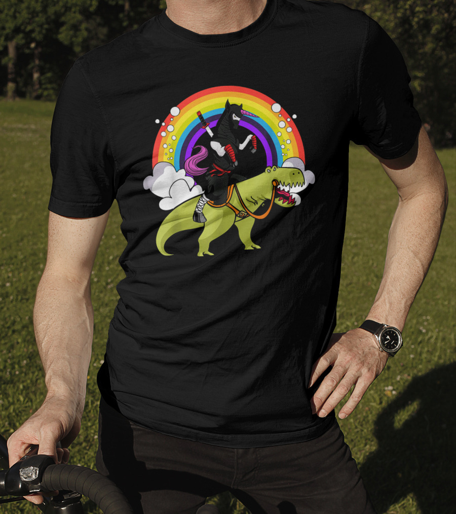 Ninja Unicorn Samurai Riding Rex Dinos Under Rainbow T-Shirt