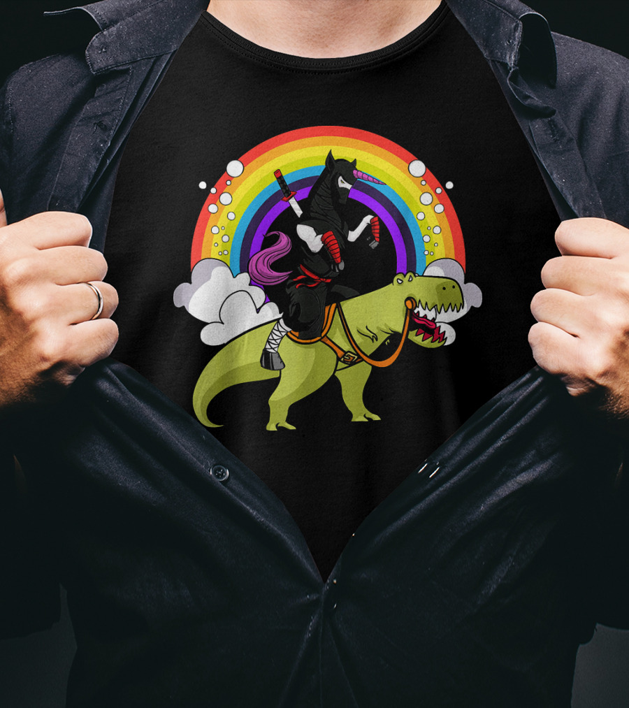 Ninja Unicorn Samurai Riding Rex Dinos Under Rainbow T-Shirt