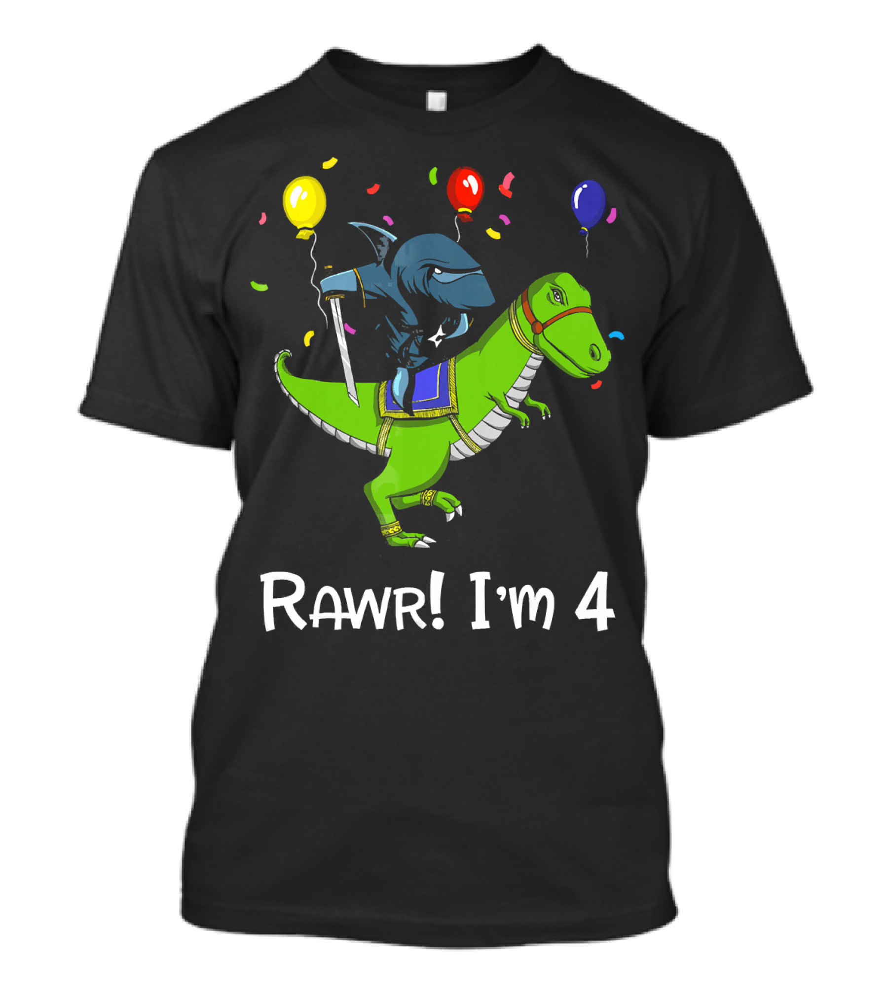 Shark Ninja Riding Dinosaur Rawr I'm 4 Birthday Celebration Balloons T-Shirt