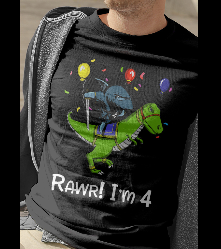 Shark Ninja Riding Dinosaur Rawr I'm 4 Birthday Celebration Balloons T-Shirt