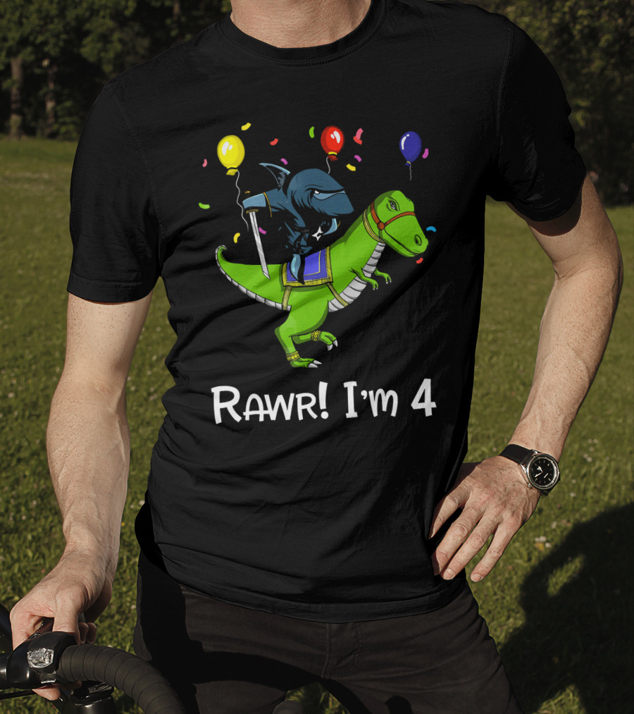 Shark Ninja Riding Dinosaur Rawr I'm 4 Birthday Celebration Balloons T-Shirt