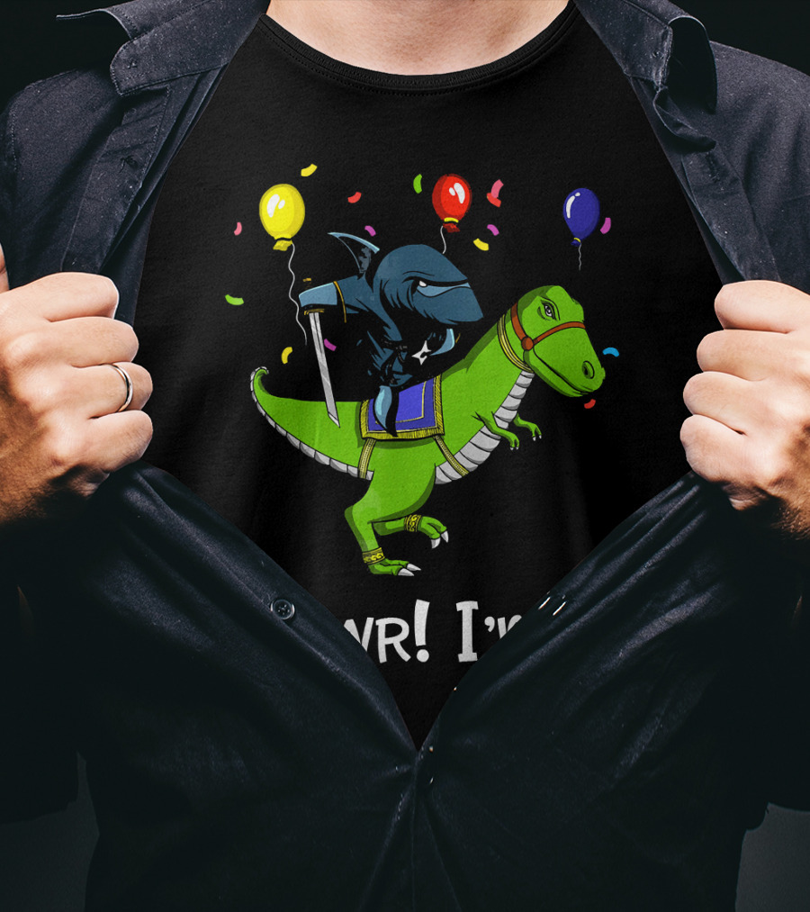 Shark Ninja Riding Dinosaur Rawr I'm 4 Birthday Celebration Balloons T-Shirt