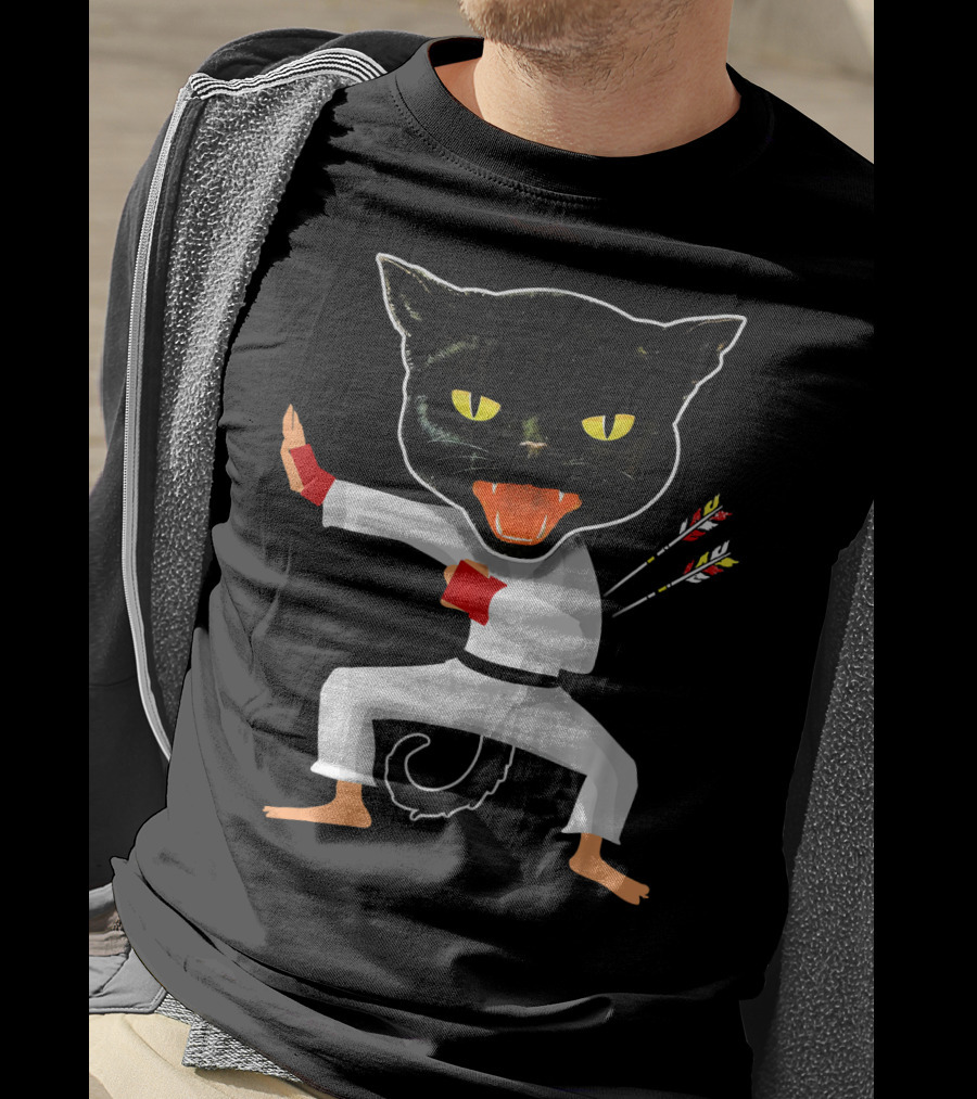Ninja Cat Karate Master With Yellow Eyes And Arrow Struck Cloak T-Shirt