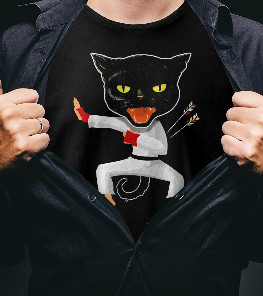 Ninja Cat Karate Master With Yellow Eyes And Arrow Struck Cloak T-Shirt