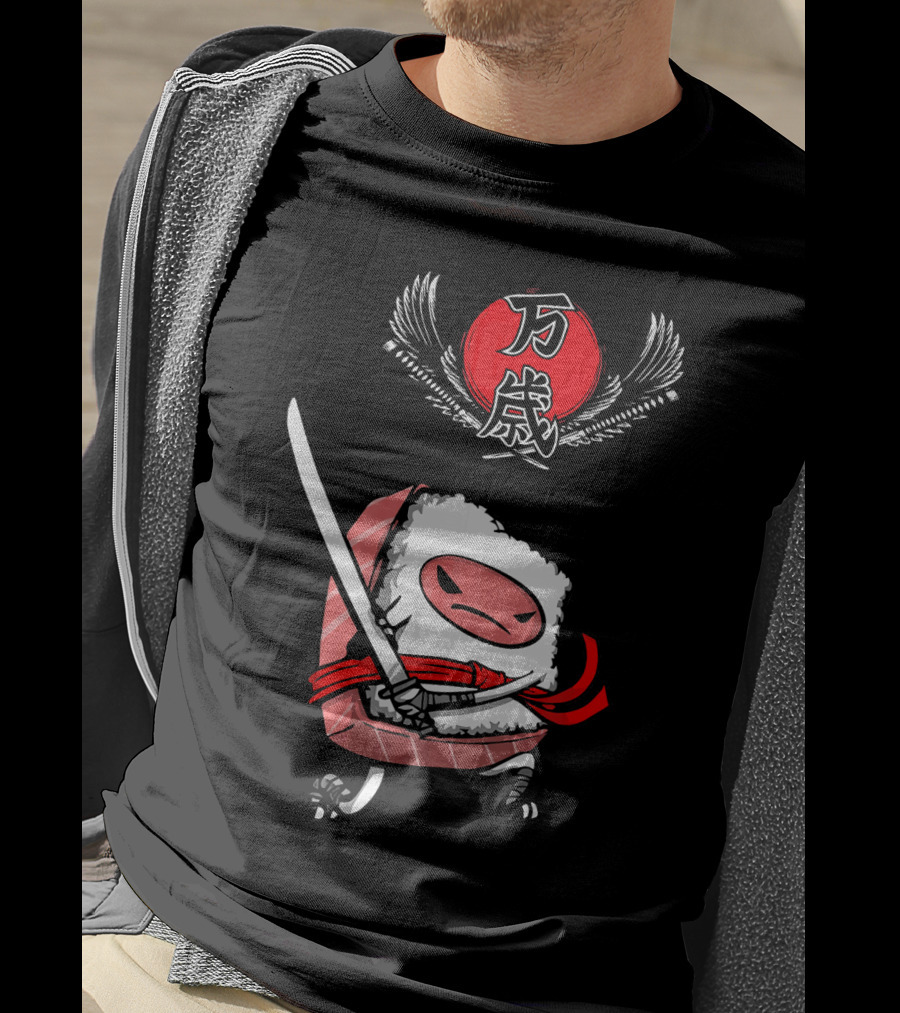 Japanese Ninja Sushi Samurai With Sword And Red Sun Kanji T-Shirt