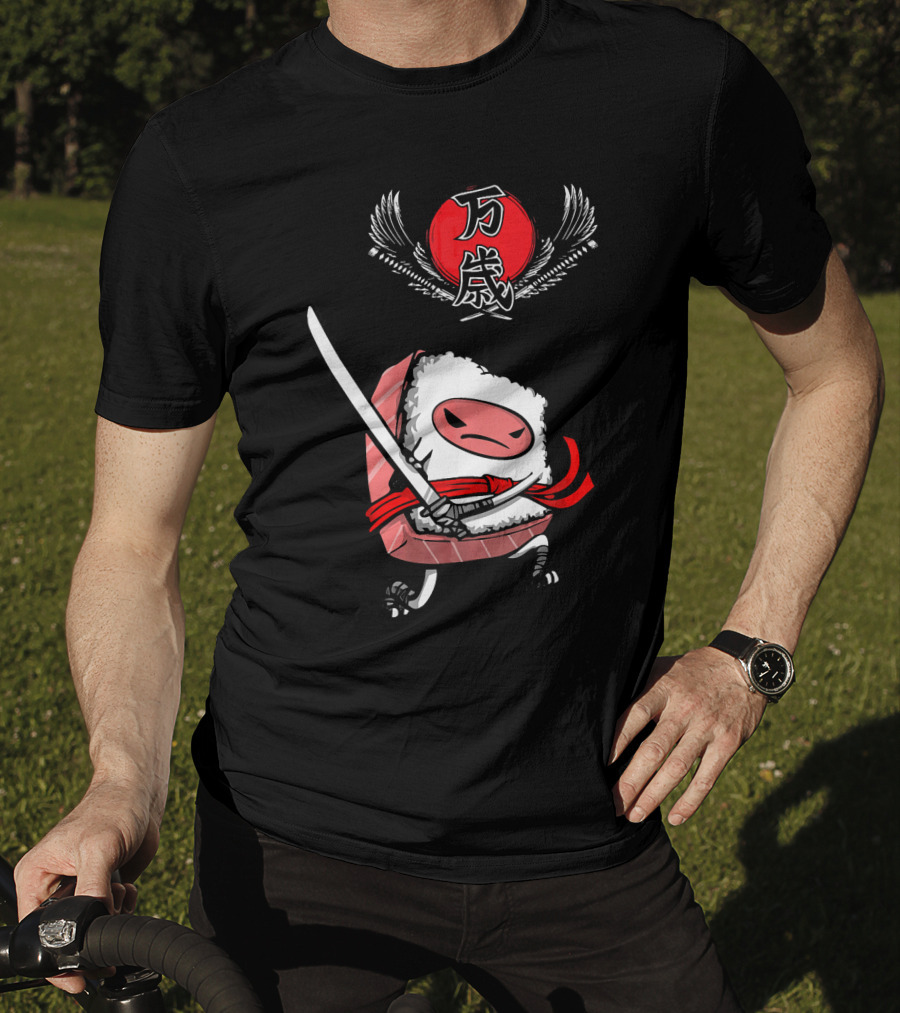 Japanese Ninja Sushi Samurai With Sword And Red Sun Kanji T-Shirt