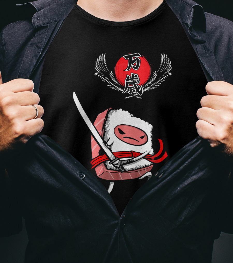Japanese Ninja Sushi Samurai With Sword And Red Sun Kanji T-Shirt