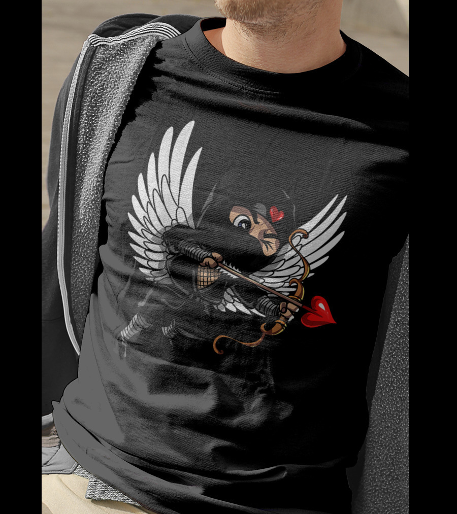 Ninja Cupid Valentine With Bow And Heart Arrow Angel Wings T-Shirt