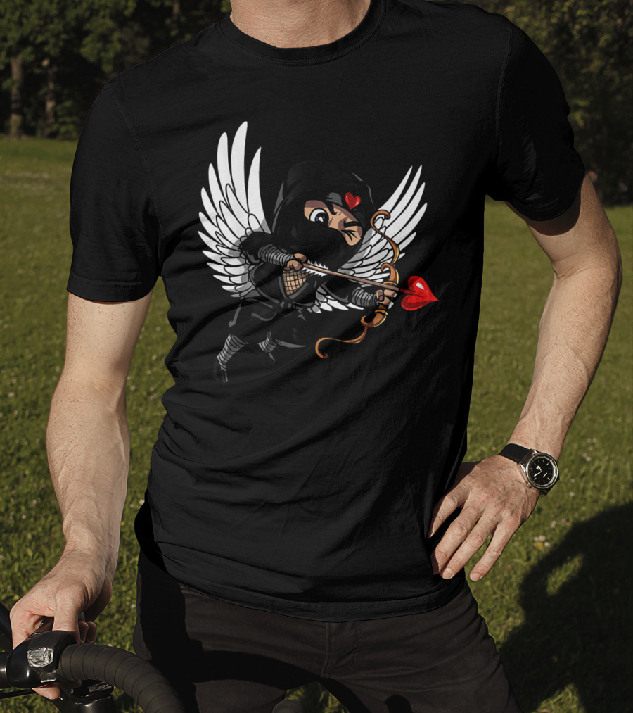 Ninja Cupid Valentine With Bow And Heart Arrow Angel Wings T-Shirt