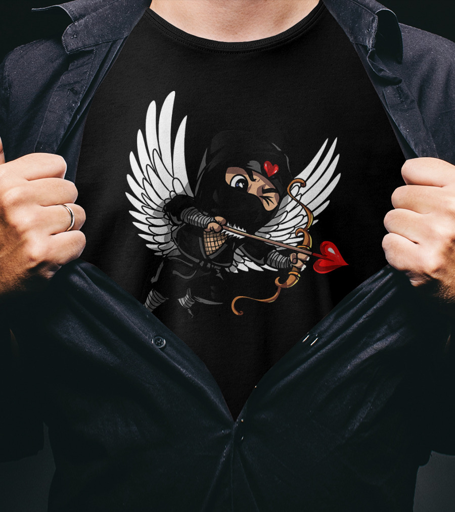 Ninja Cupid Valentine With Bow And Heart Arrow Angel Wings T-Shirt