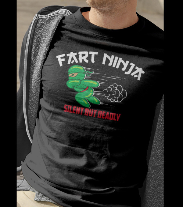 Fart Ninja Silent But Deadly Green Stealthy Figure With Cartoon Gas Cloud T-Shirt