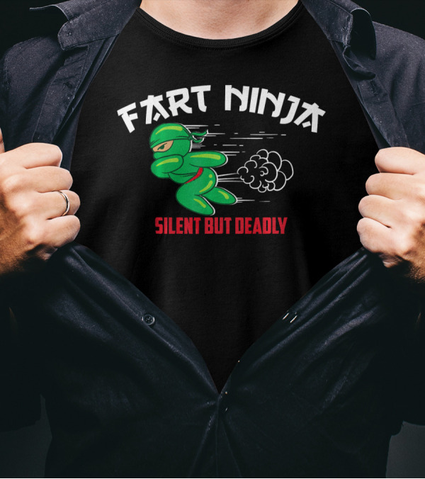 Fart Ninja Silent But Deadly Green Stealthy Figure With Cartoon Gas Cloud T-Shirt