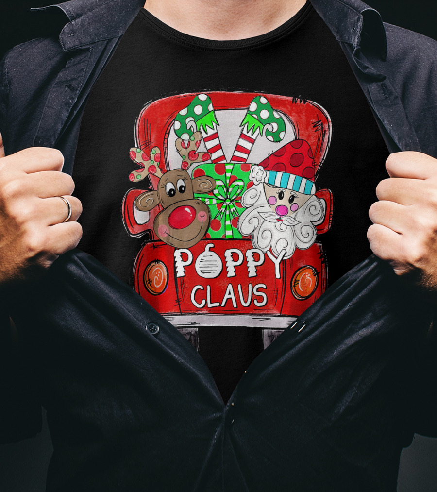 Poppy Claus Christmas Red Truck With Santa And Reindeer T-Shirt