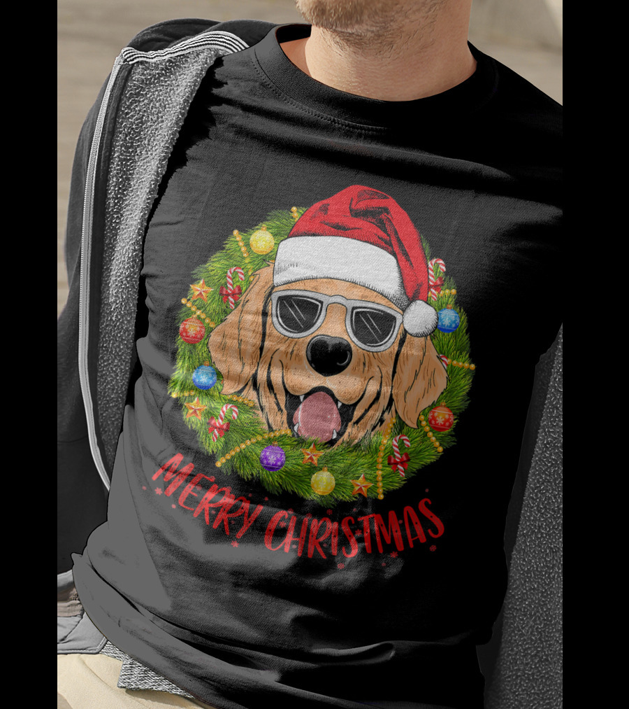 Merry Christmas Golden Retriever Dog Santa Hat Sunglasses Wreath T-Shirt