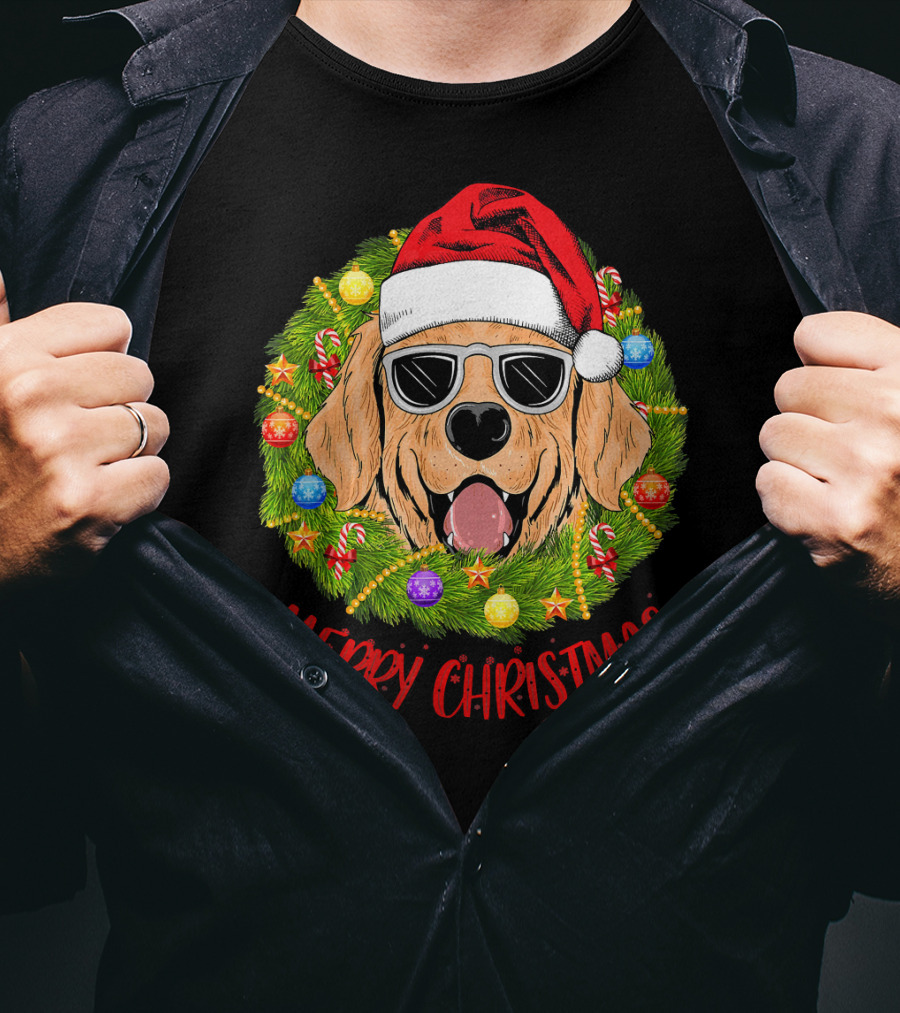 Merry Christmas Golden Retriever Dog Santa Hat Sunglasses Wreath T-Shirt
