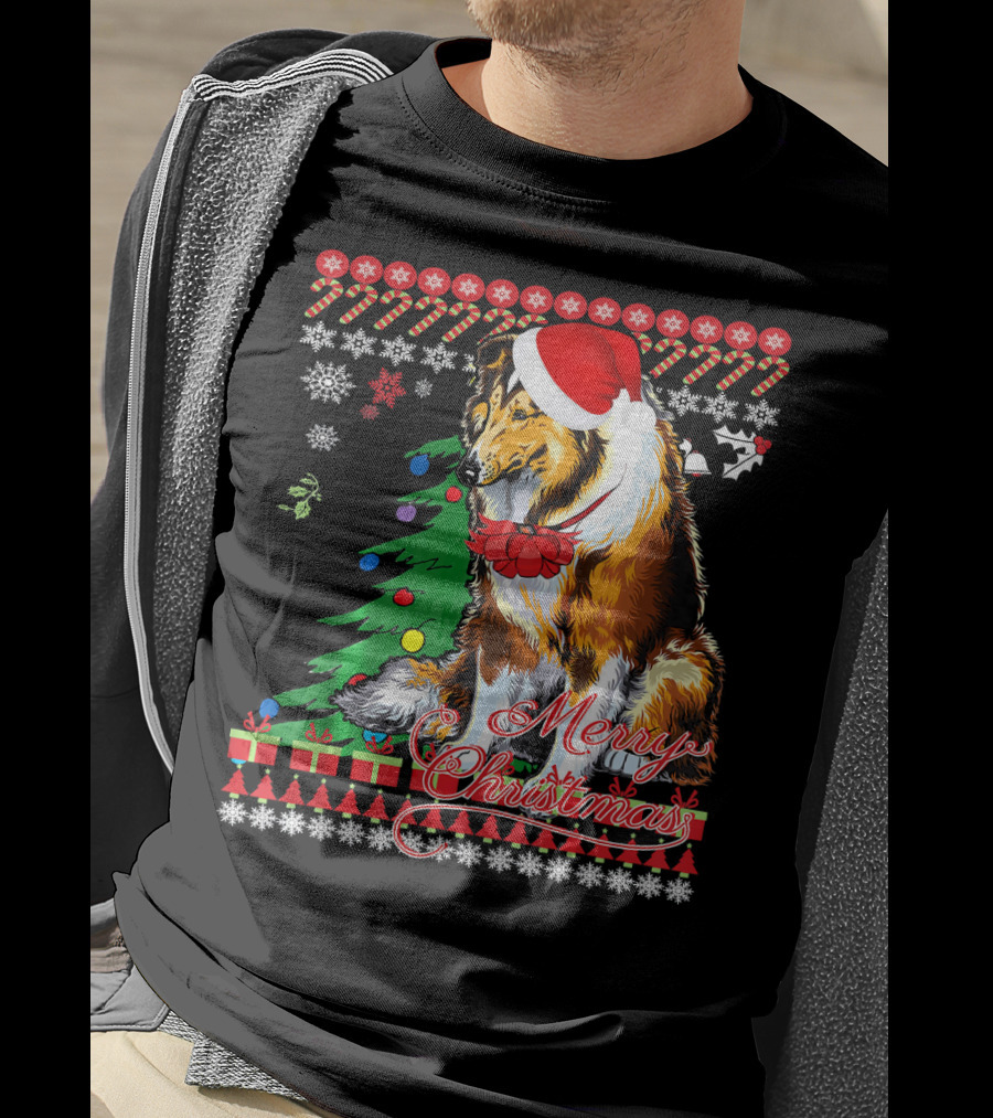 Merry Christmas Rough Collie Santa Hat Snowflakes Gifts Holiday T-Shirt