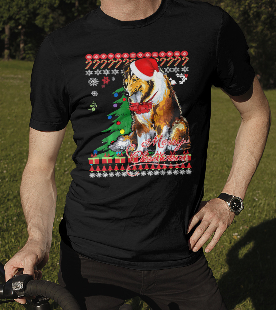 Merry Christmas Rough Collie Santa Hat Snowflakes Gifts Holiday T-Shirt