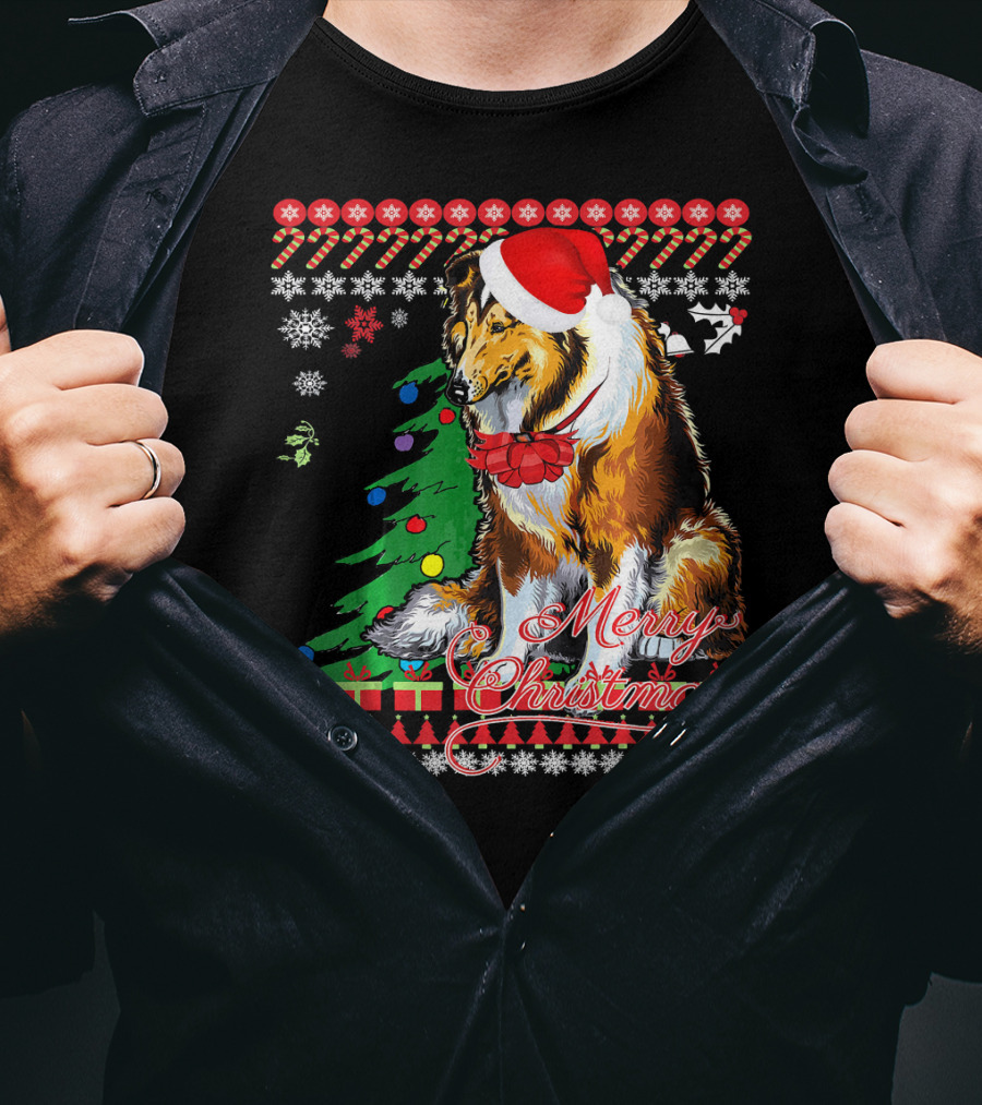 Merry Christmas Rough Collie Santa Hat Snowflakes Gifts Holiday T-Shirt