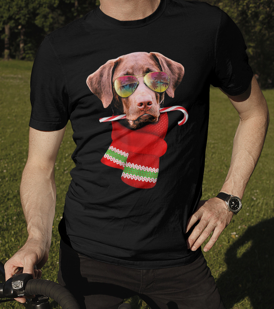 Christmas In July Labrador Sunglasses Candy Cane Scarf T-Shirt