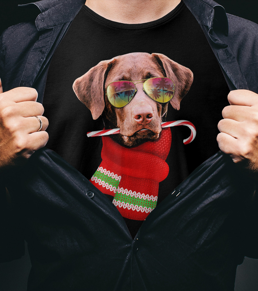 Christmas In July Labrador Sunglasses Candy Cane Scarf T-Shirt