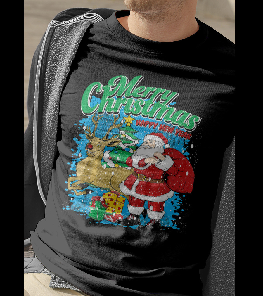 Merry Christmas Happy New Year Santa Claus Reindeer Presents T-Shirt