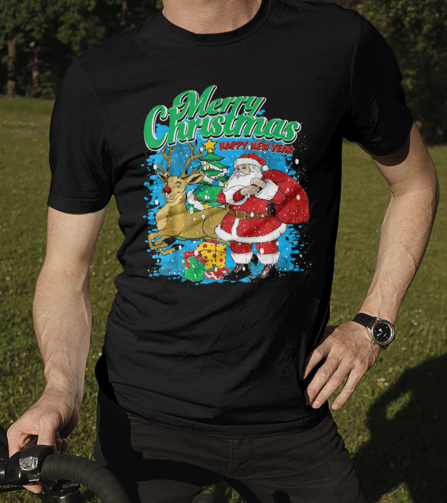 Merry Christmas Happy New Year Santa Claus Reindeer Presents T-Shirt