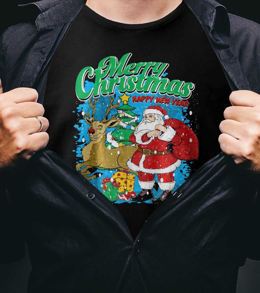 Merry Christmas Happy New Year Santa Claus Reindeer Presents T-Shirt