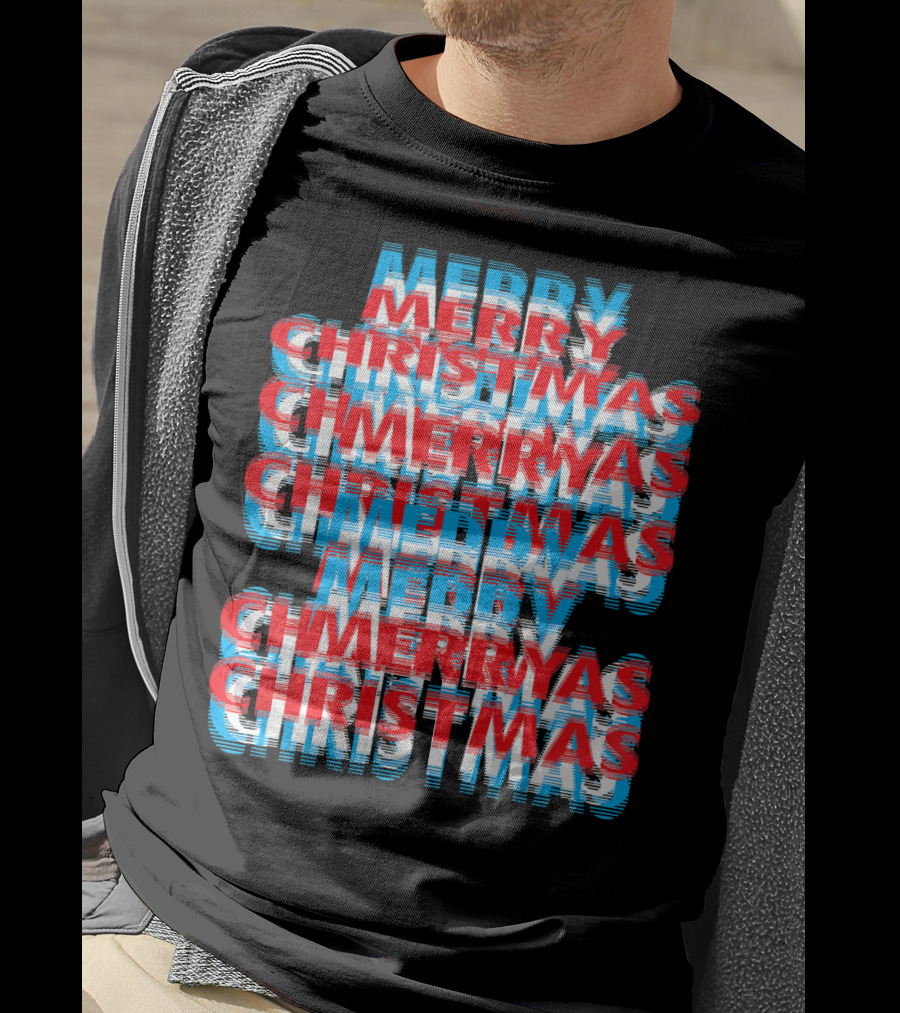 Merry Christmas Blurred Double Layered Text Effect T-Shirt
