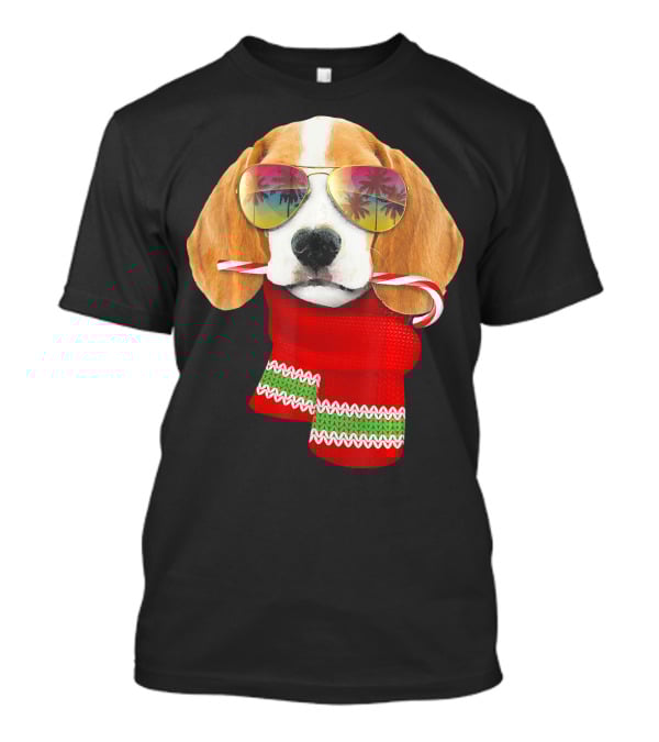 Christmas In July Beagle Sunglasses Candy Cane Scarf T-Shirt