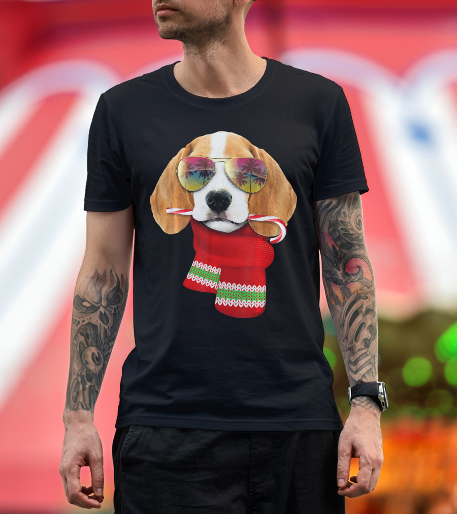 Christmas in July Beagle Sunglasses Candy Cane Scarf T-Shirt