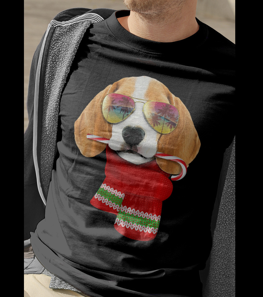Christmas In July Beagle Sunglasses Candy Cane Scarf T-Shirt