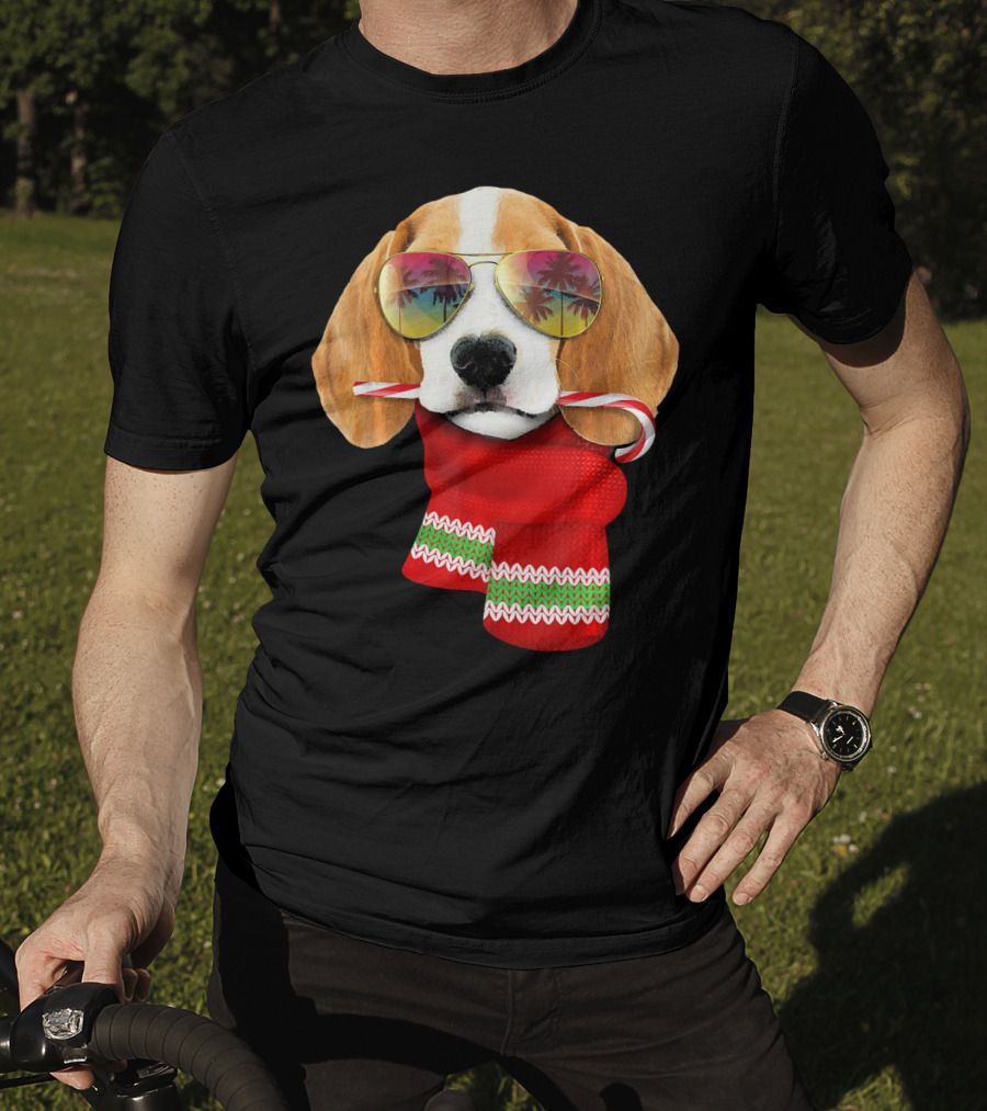 Christmas In July Beagle Sunglasses Candy Cane Scarf T-Shirt