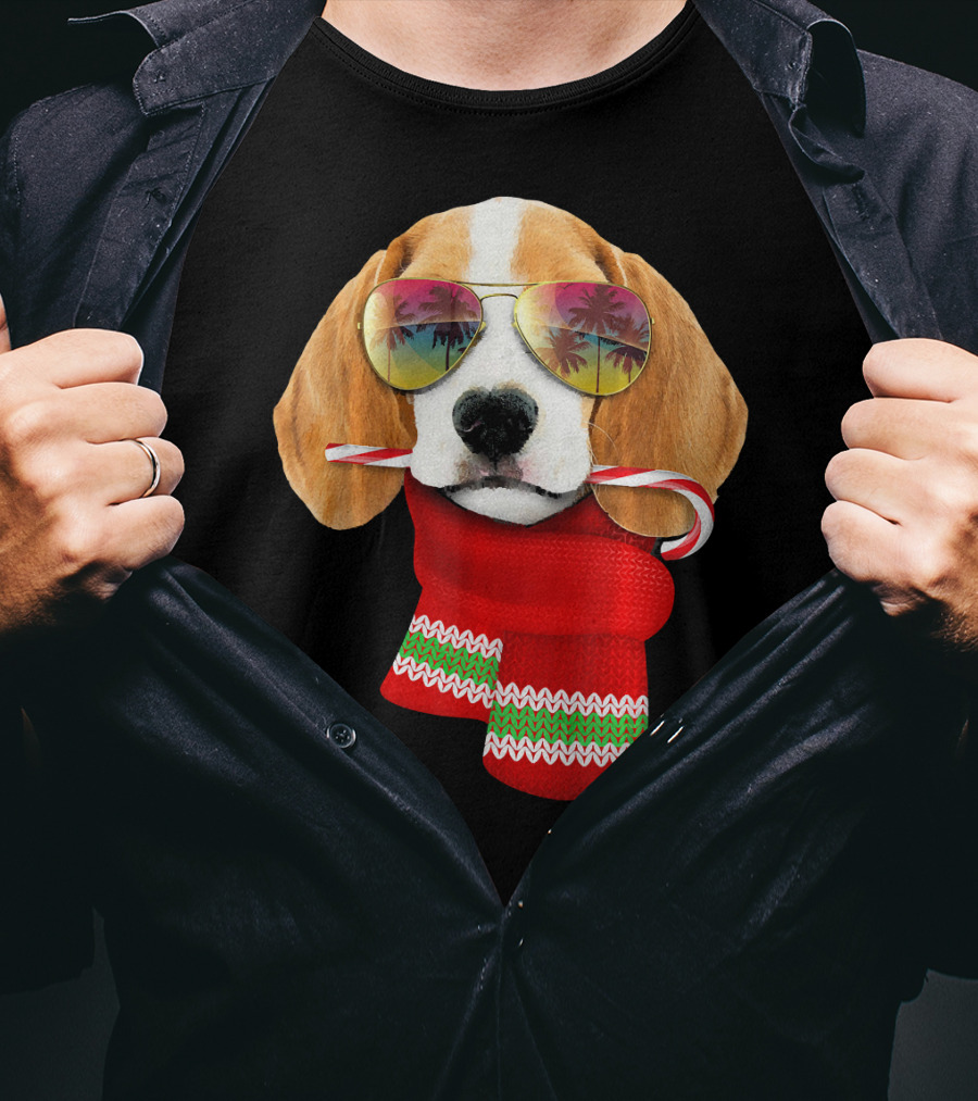 Christmas In July Beagle Sunglasses Candy Cane Scarf T-Shirt