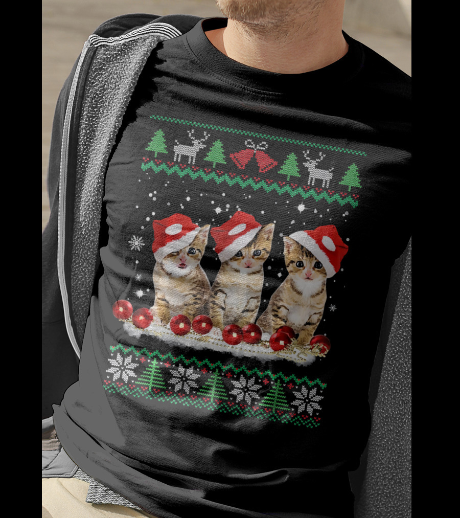 Ugly Christmas Cat Santa Hat Reindeer Bells Snowflakes Lights T-Shirt