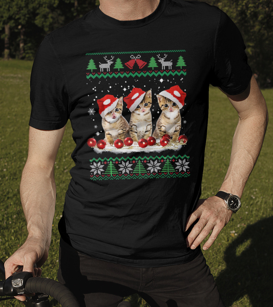 Ugly Christmas Cat Santa Hat Reindeer Bells Snowflakes Lights T-Shirt