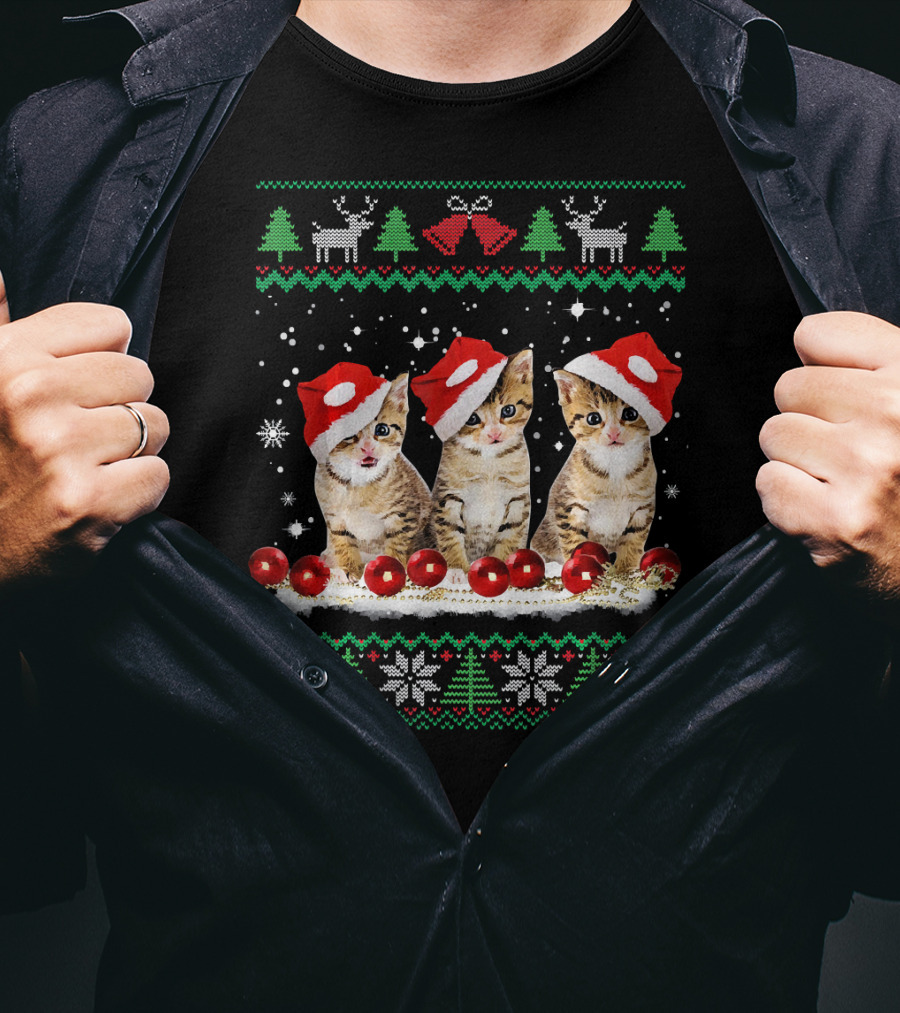 Ugly Christmas Cat Santa Hat Reindeer Bells Snowflakes Lights T-Shirt