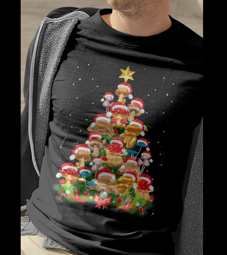 Mushroom Christmas Tree With Santa Hats And Snowflakes For Garden Lovers T-Shirt