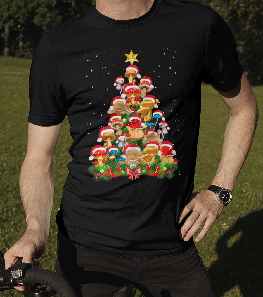 Mushroom Christmas Tree With Santa Hats And Snowflakes For Garden Lovers T-Shirt