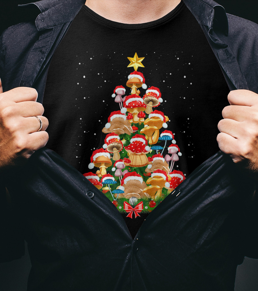 Mushroom Christmas Tree With Santa Hats And Snowflakes For Garden Lovers T-Shirt