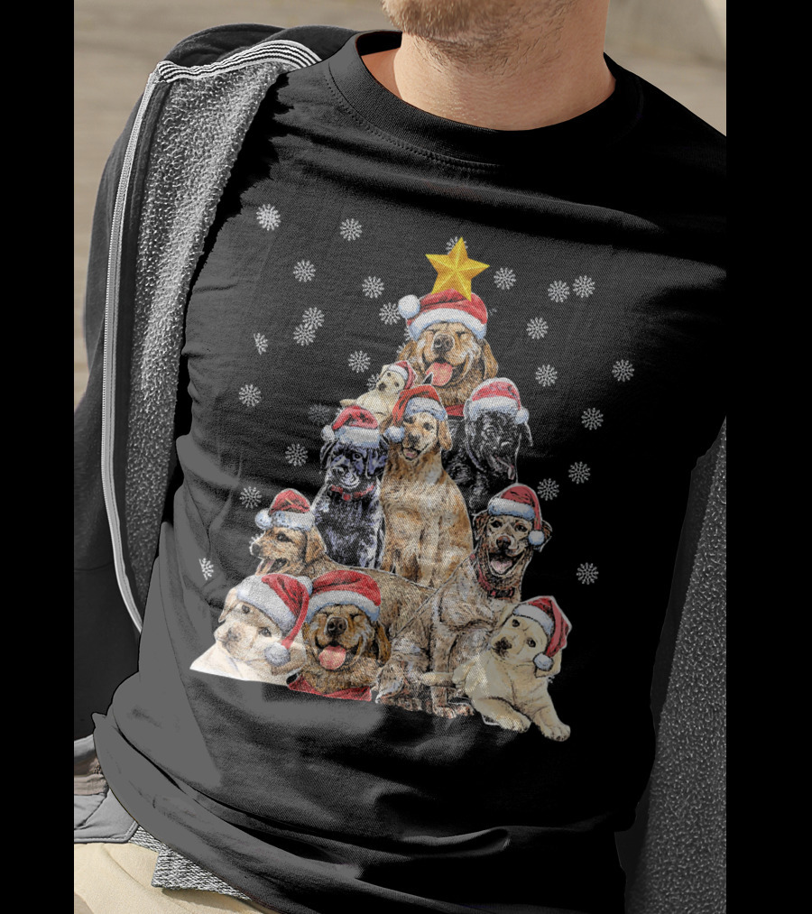 Labrador Puppies With Santa Hats Forming A Christmas Tree With Star And Snowflakes T-Shirt