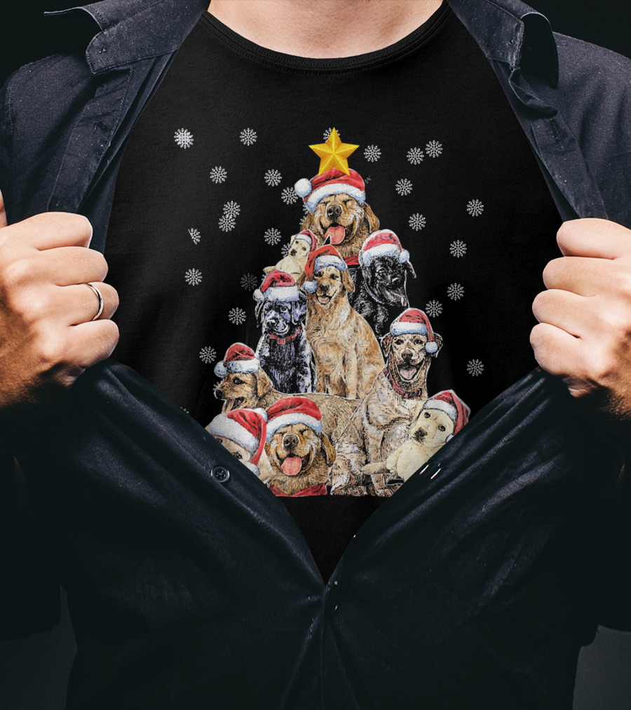 Labrador Puppies With Santa Hats Forming A Christmas Tree With Star And Snowflakes T-Shirt