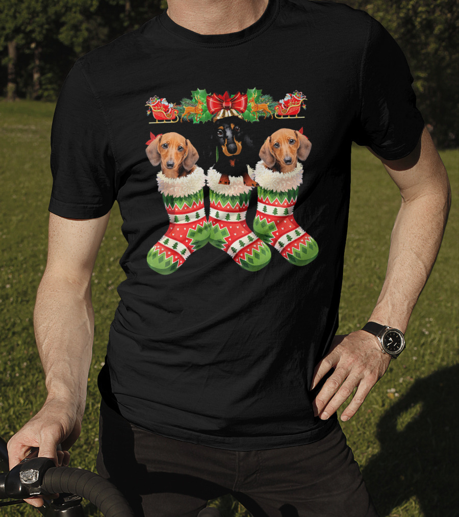 Dachshund Christmas Dogs In Festive Stockings T-Shirt