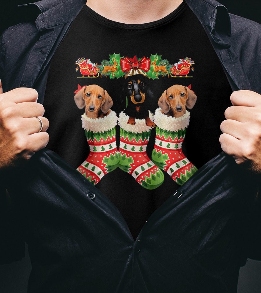 Dachshund Christmas Dogs In Festive Stockings T-Shirt