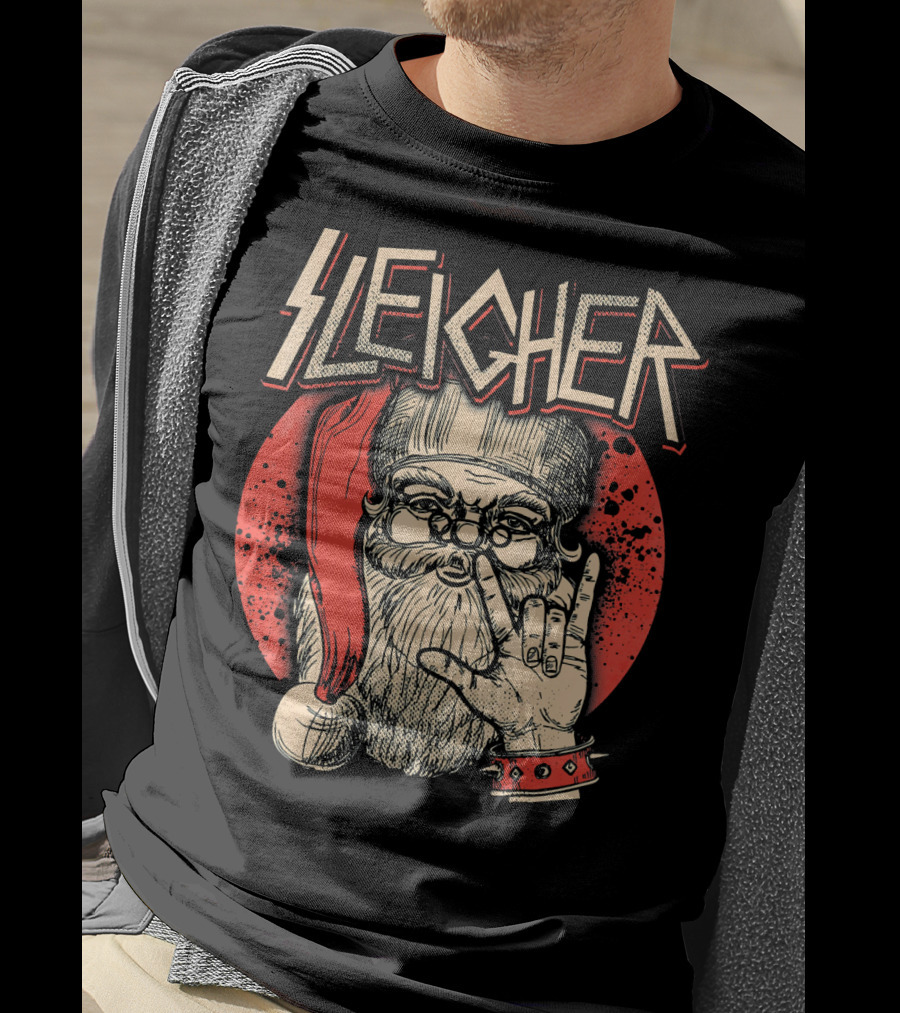 SLEIGHER Heavy Metal Music Santa Circle Red Santa Hat Hand Gesture T-Shirt