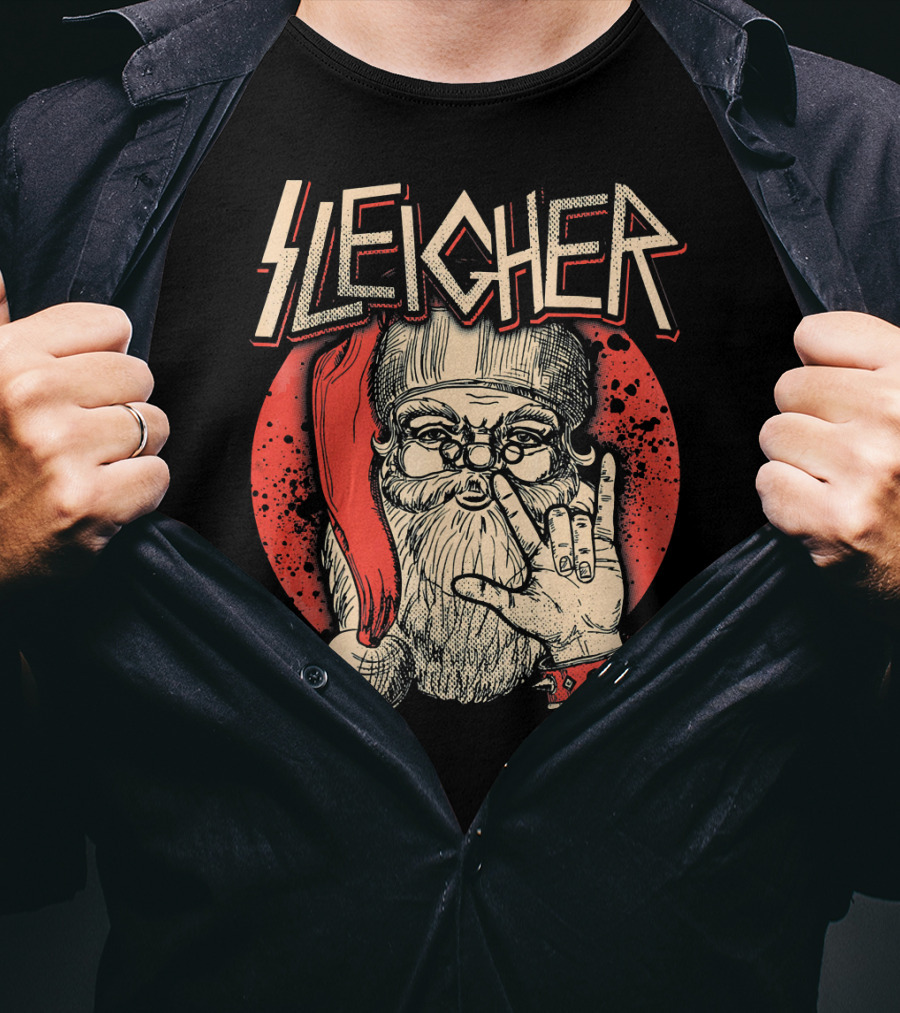 SLEIGHER Heavy Metal Music Santa Circle Red Santa Hat Hand Gesture T-Shirt