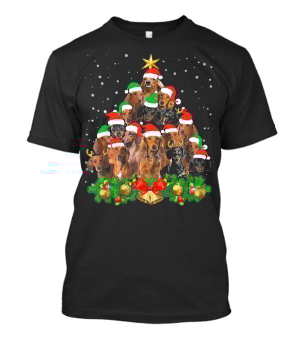Funny Dachshund Christmas Tree With Santa Hats And Holiday Decorations T-Shirt