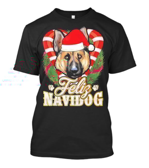 Feliz Navidog German Shepherd Santa Hat Christmas Wreath T-Shirt