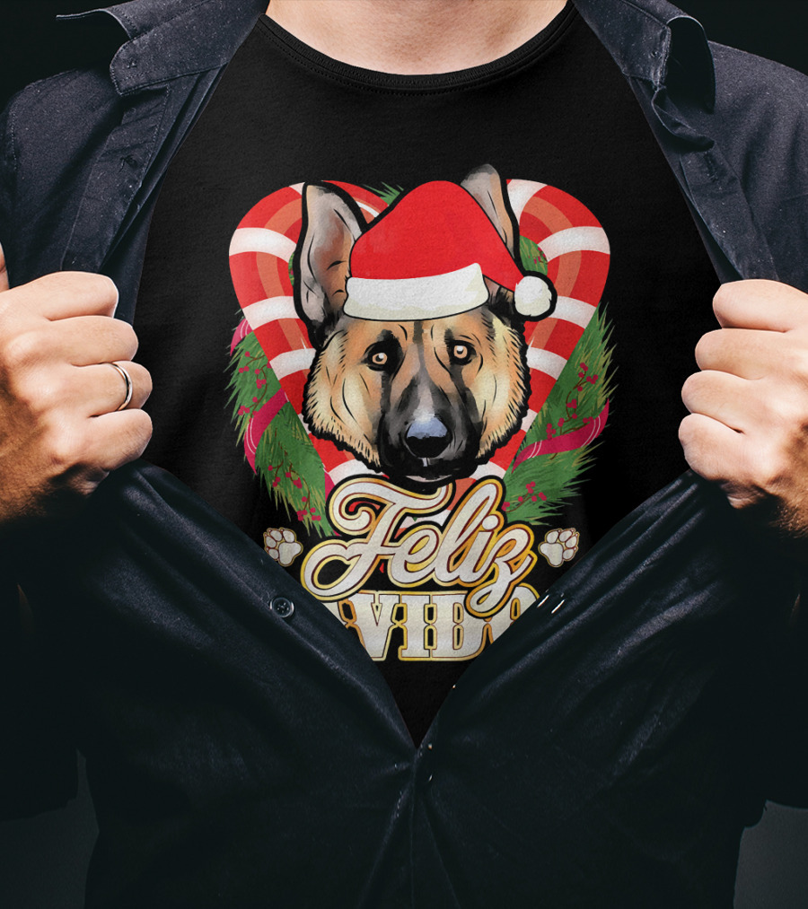 Feliz Navidog German Shepherd Santa Hat Christmas Wreath T-Shirt
