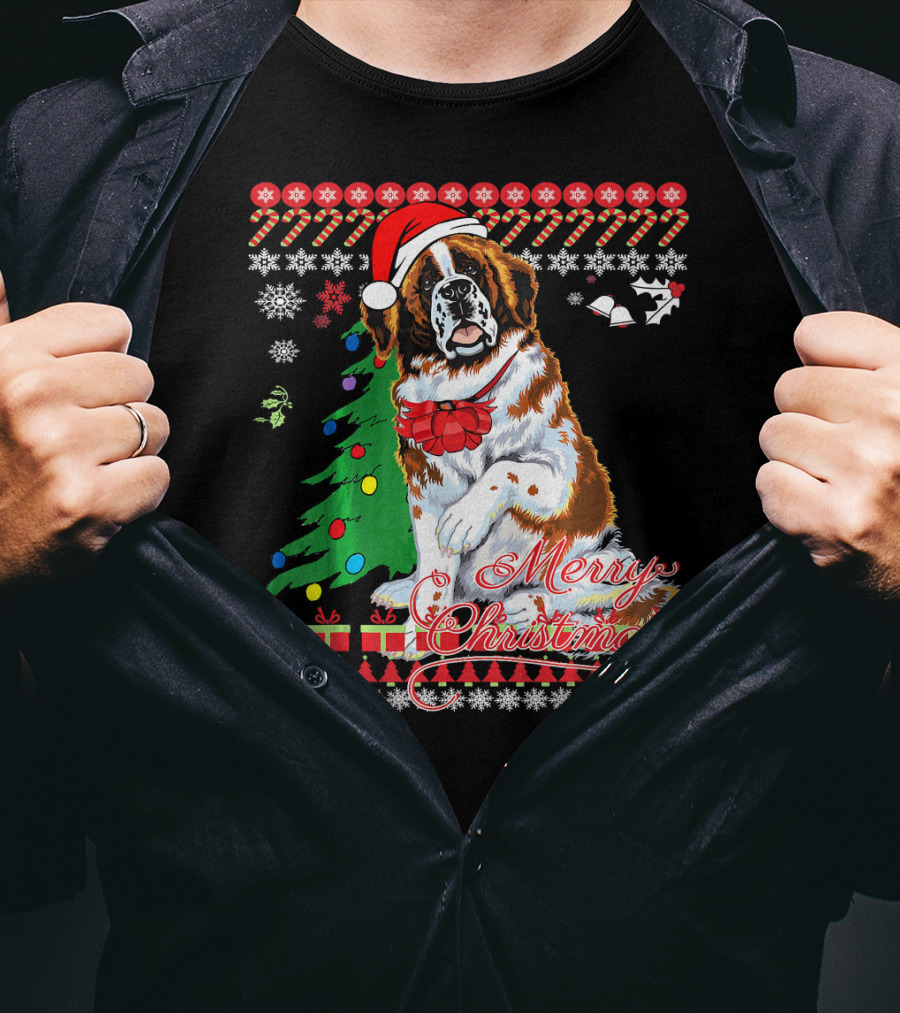 Merry Christmas Saint Bernard Dog Ugly Christmas T-Shirt