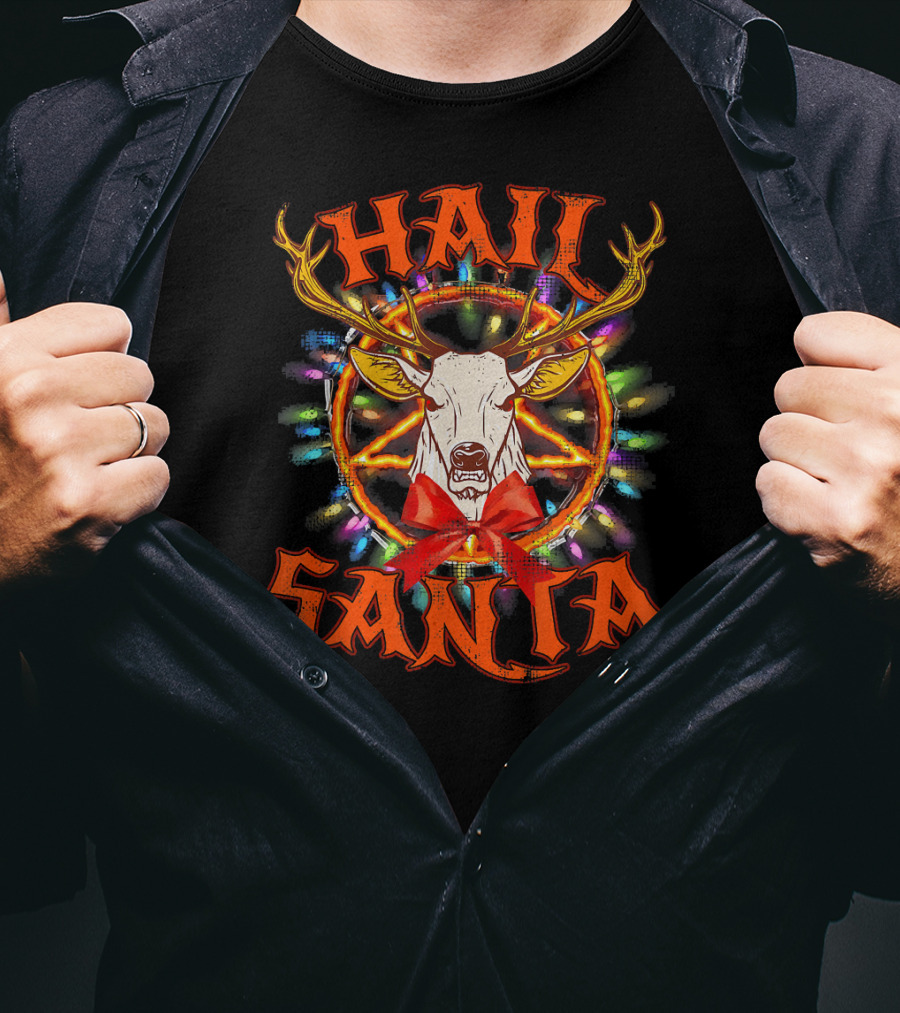 Hail Santa Christmas Reindeer With Pentagram And Lights T-Shirt
